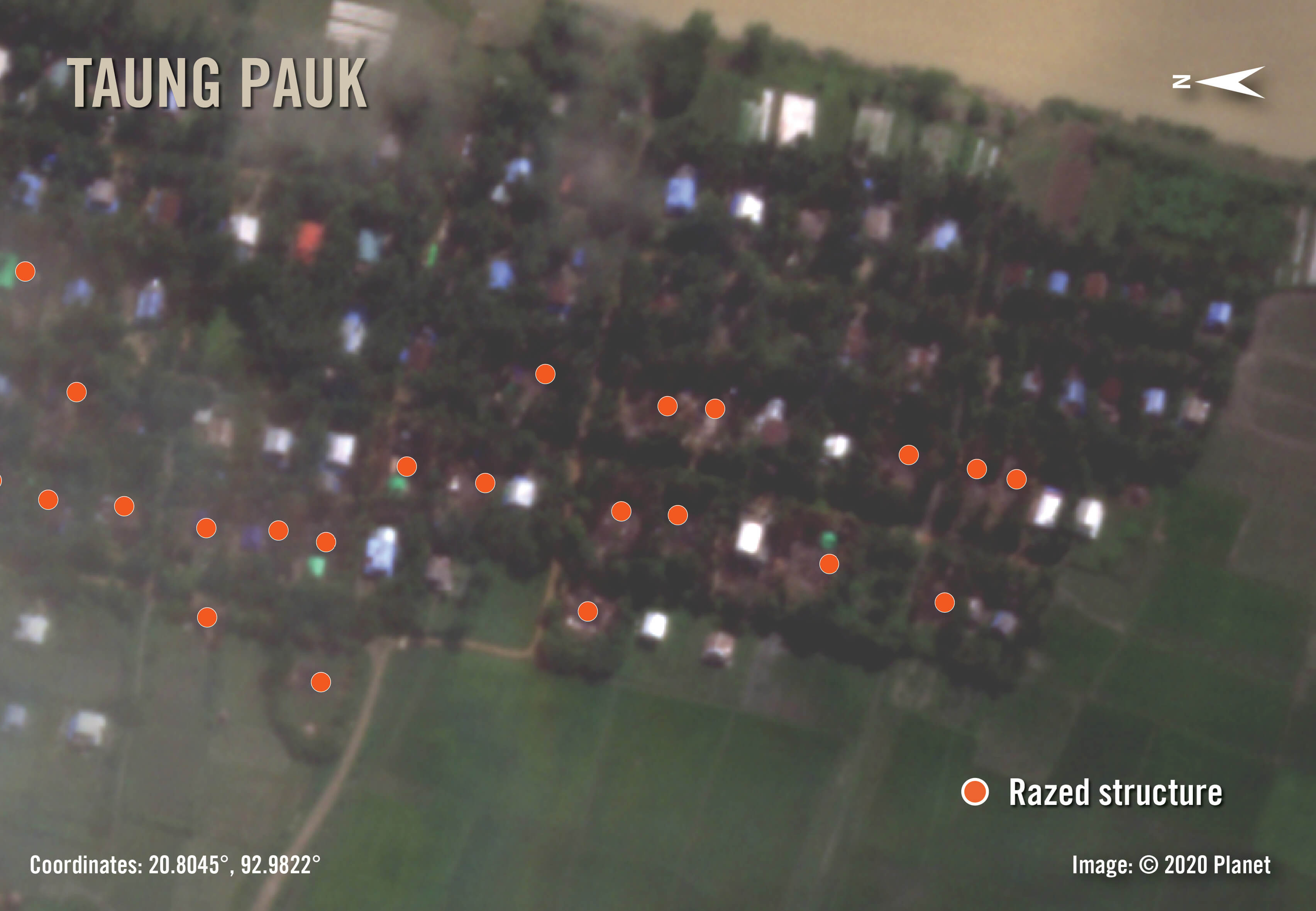 Plus de 120 structures à Taung Pauk et Hpa Yar Paung apparaissent brûlées dans l'imagerie de la planète à partir du 10 septembre 2020. Les incendies ont été détectés à distance dans les villages à l'aide de capteurs satellites le 3 septembre 2020.