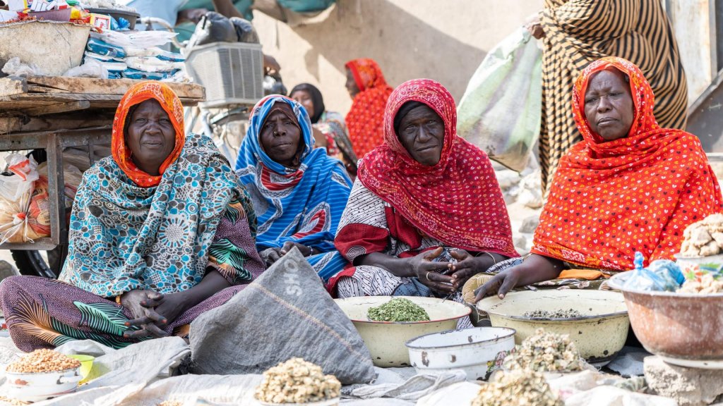 Maryam, septuagénaire, est assise contre un mur en attendant de vendre des légumes secs sur un marché près de Maiduguri, dans l'État de Borno, au nord-est du Nigeria, en octobre 2020.