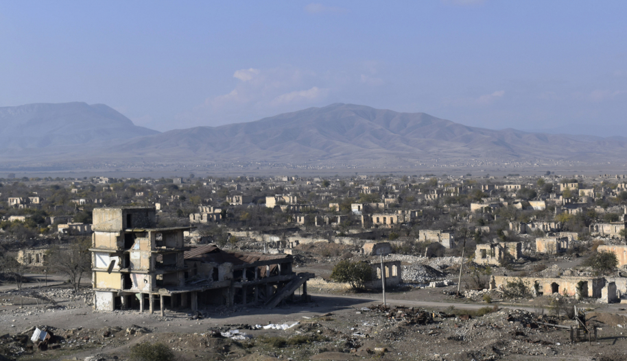 Edit: This picture taken on November 27, 2020 shows destroyed buildings in the town of Aghdam. - The territory is due to be returned to Baku as stipulated in a Moscow-brokered peace deal signed by Armenia and Azerbaijan on November 9, 2020. As part of the deal, Armenia and Nagorno-Karabakh must return the Aghdam, Kalbajar and Lachin districts to Azerbaijan starting on November 20, 2020 with a completion deadline of December 1, 2020. (Photo by STRINGER / AFP) (Photo by STRINGER/AFP via Getty Images)